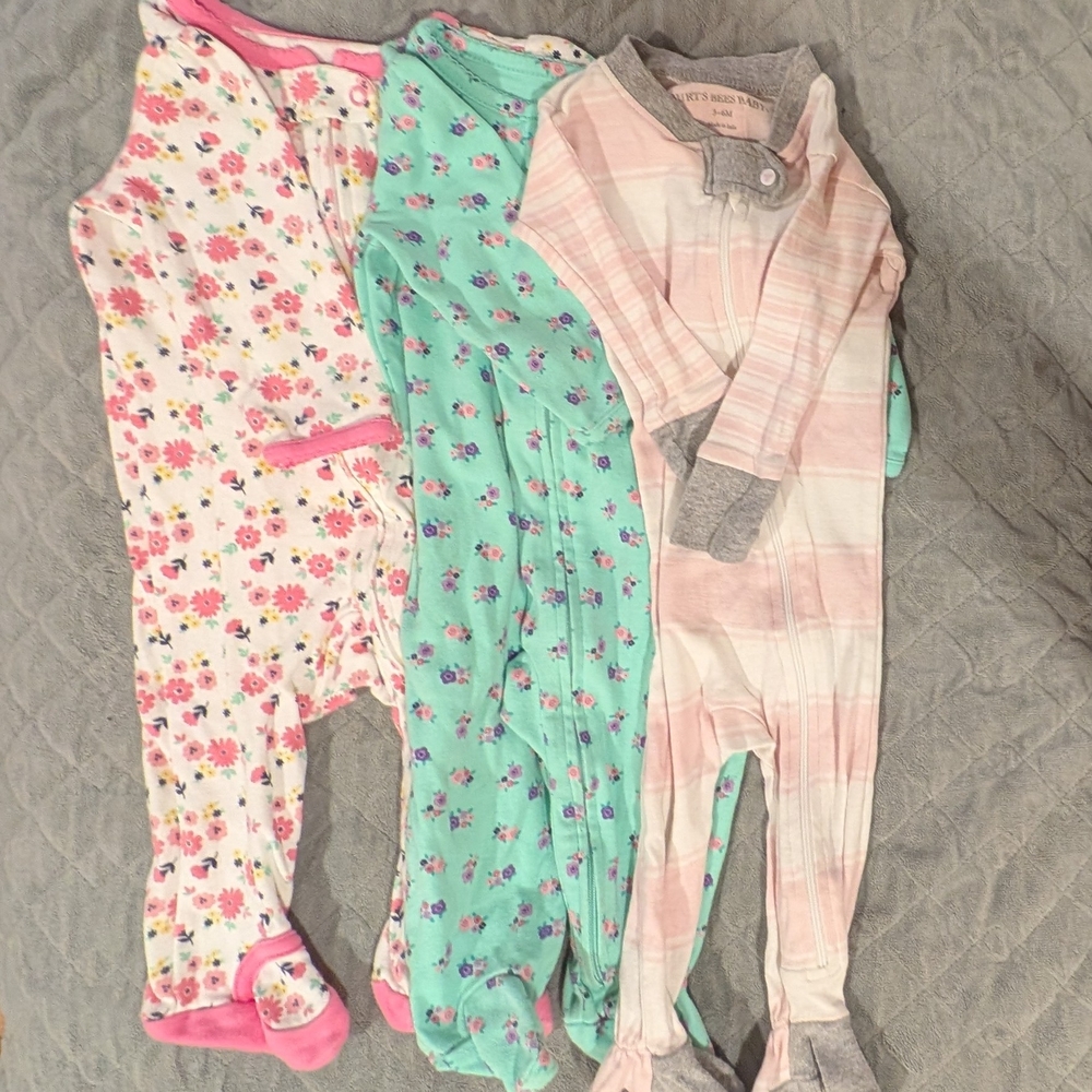 Burt's Bees 3-6M Baby Floral and Striped Footies Set